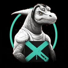 an illustration of a dinosaur wearing headphones and holding a black box with an x on it