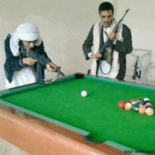 a pool table with two men holding guns and the words " your weakness " on the bottom