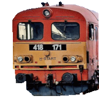 a red and yellow train with the numbers 418 and 171 on the front