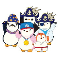 a group of penguins wearing pirate hats and a medal