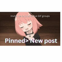 a picture of a girl with pink hair and the words pinned > new post on the bottom