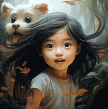 a painting of a little girl with a white dog on her head