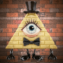 a pyramid with a blue eye and a top hat and bow tie