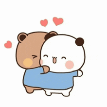 a brown bear and a white bear hugging each other with hearts around them .