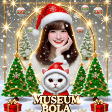 a woman wearing a santa hat is surrounded by christmas trees and the words museum bola on the bottom