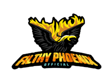 a logo for filthy phoenix official shows an eagle with flames coming out of its wings