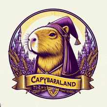 an illustration of a capybara wearing a wizard 's hat with the words capybaraland below it