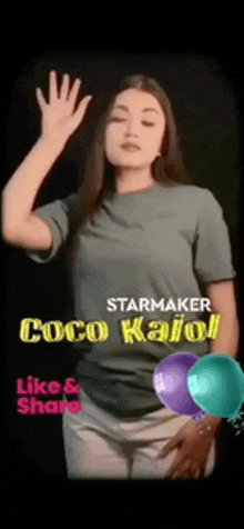 a woman is wearing a t-shirt that says starmaker coco katol