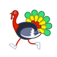 a cartoon turkey with a colorful tail is running