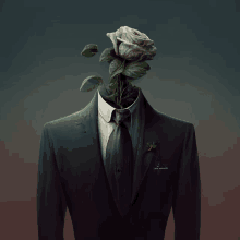 a man in a suit with a rose instead of his head