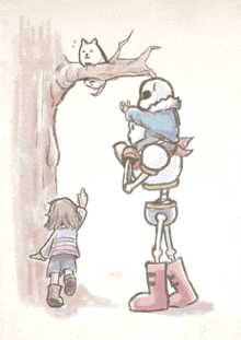 a drawing of a girl and a skeleton playing with a dog