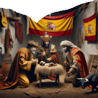 a spanish flag hangs above a nativity scene with three kings and a bull