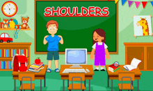 a boy and a girl standing in front of a blackboard with the word shoulders on it