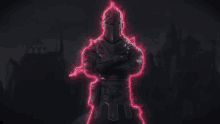 a knight with his arms crossed is surrounded by pink lightning .