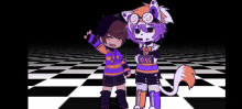 a boy and a fox are standing next to each other on a checkered floor