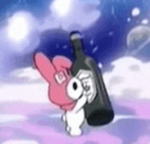 a cartoon bunny is holding a bottle of wine in its hands .