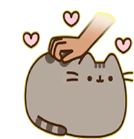 a hand is petting a pusheen cat with pink hearts around it