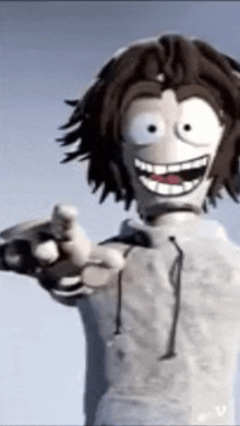 a cartoon character is smiling and pointing at the camera