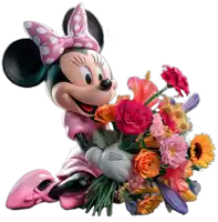 minnie mouse is holding a bouquet of flowers and smiling