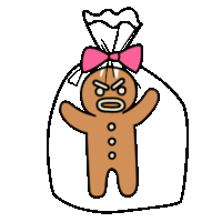 a gingerbread man is wrapped in plastic and has a pink bow on his head