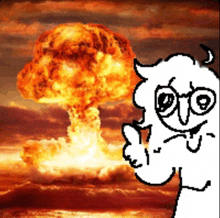 a cartoon character is giving a thumbs up in front of a large explosion