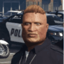 a man is standing in front of a police car with the word police on it