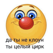 a yellow smiley face with a red nose and the words " ты не клоун ты целый цирк " on it