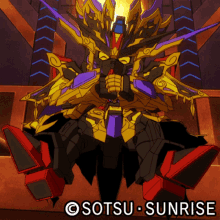 a cartoon drawing of a robot with the words sotsu sunrise on the bottom