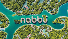 an aerial view of a lake with the word nabbu written in the middle