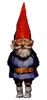 a gnome with a red hat and a blue shirt