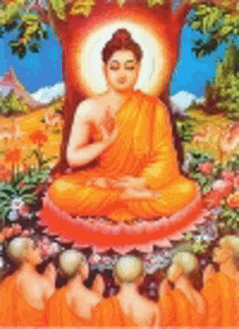 a painting of buddha sitting under a tree with a group of monks surrounding him