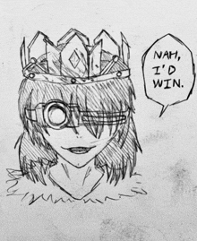 a black and white drawing of a person with a crown on their head