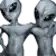 a couple of gray aliens are standing next to each other on a white background .