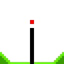 a black line and a red square are on a green field .