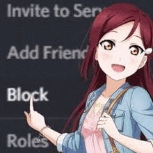 a girl with red hair is pointing at a screen that says `` invite to serve add friend block and roles '' .