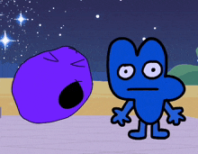 a cartoon character with a surprised look on his face stands next to a purple object