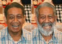 a man with a beard and a plaid shirt is smiling with faceapp written on the bottom