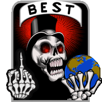 a skull with red eyes is holding a globe and giving the middle finger under a banner that says " best "