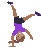 a girl in a purple shirt is doing a handstand on a white background