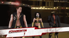 three wrestlers are standing in front of a sign that says #chaosinten