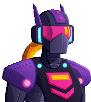 a cartoon illustration of a robot with a purple helmet and pink goggles