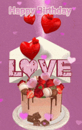 a happy birthday greeting card with a cake and hearts