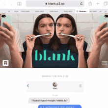 two women brushing their teeth in front of a blank website