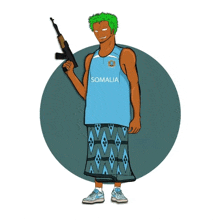 a man in a somalia jersey holds a gun