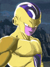 a cartoon character with a purple face and a gold body