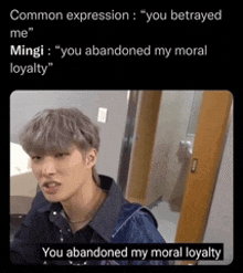 a man with gray hair is sitting in front of a door with a caption that says `` you abandoned my moral loyalty ''