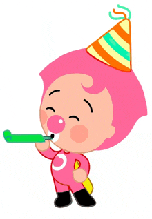 a pink clown with a party hat blowing a party horn