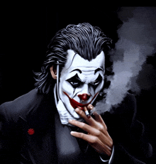 a joker smoking a cigarette with smoke coming from his mouth