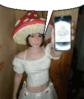 a woman wearing a mushroom hat is holding a cell phone with a picture of a mushroom on it