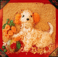 a picture of a dog made out of noodles and vegetables .